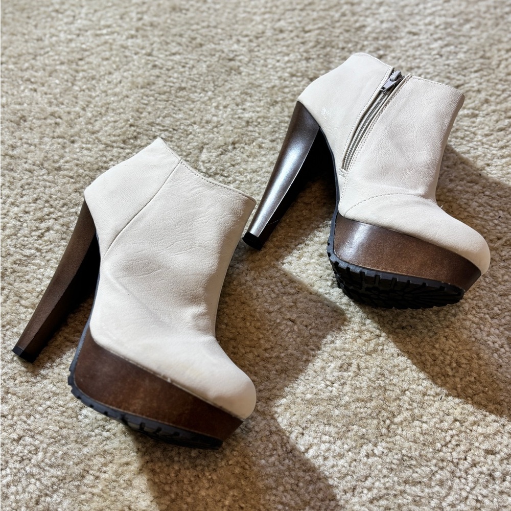 Cream and Brown Heeled Ankle Boots | 6